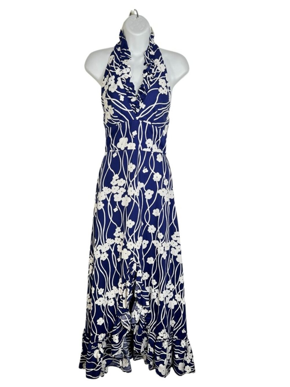 Vintage 70s Floral Maxi Dress Halter Neck Ruffle Trim Blue White Domino XS